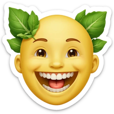 yellow face emoji laughing with teeth full of vegetable leaf stuck on teeth sticker