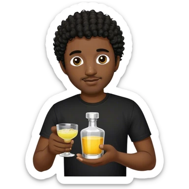 dark black guy, short black curly hair, short facial hair, holding tequila, black shirt  sticker