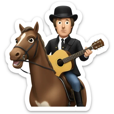 sir paul McCartney on a horse with a guitar sticker