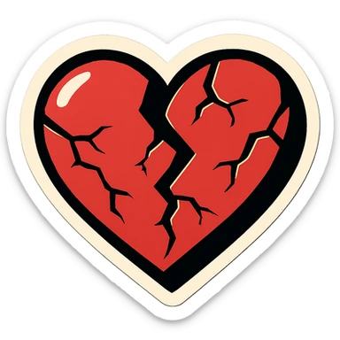 broken heart with large cracks, clear black outlines, sharp shadows and highlights only, no gradients, sharp color transitions, retro sticker style sticker