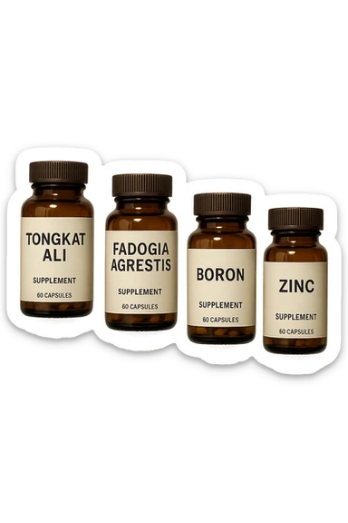 4 boccette di integratore: Tongkat Ali, Fadogia Agrestis, Boron e Zinco fluttuano in aria verticalmente sticker