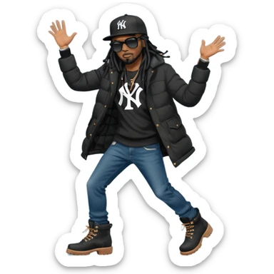African American man with shoulder length black dreadlocks and black sunglasses wearing a black New York Yankees baseball hat wearing a black bubble winter coat with denim skinny jeans and timberland boots dancing sticker