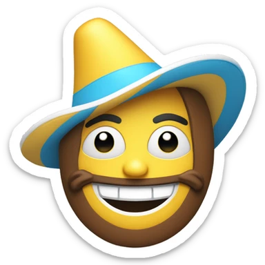 emoji amarillo  sonriente con sombrero de arlequin celeste y blanco sticker