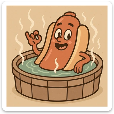 cartoon hotdog soaking in a steaming hot tub, cute and fun style sticker