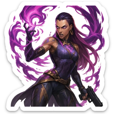 Reyna from Valorant, action pose, hand raised, energy swirling, game-inspired, dynamic composition sticker