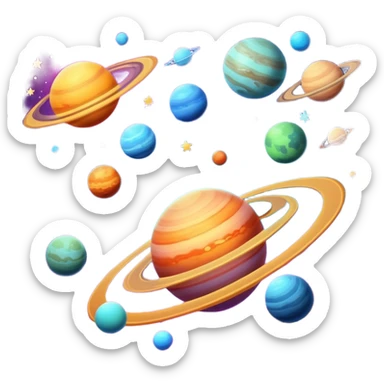 A cosmic scene with stars, planets, and galaxy sticker
