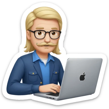 A DEVELOPER WITH A laptop, USING inFORMAL CLOTHES, long hair, mustache sticker