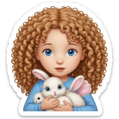 Curly haired girl toddler with blue eyes holding a bunny sticker