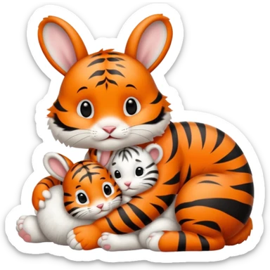 White baby bunny cuddling next to baby tiger sticker