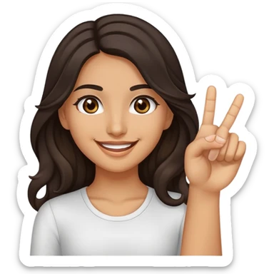 Girl with olive skin, brown eyes with long eyelashes and dark wavy long hair smiling while holding up the middle finger sticker