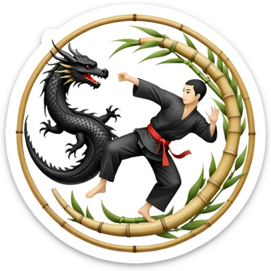 An icon symbolizing Eastern martial arts in the style of an emblem, featuring a black-and-white Yin-Yang symbol and a dragon at the center. A martial artist is performing a fluid kick, surrounded by elements like a dojo and bamboo. Transparent background highlights balance and power. sticker