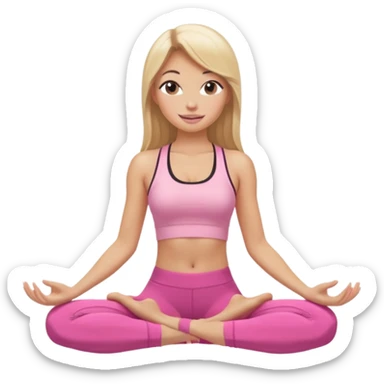 Mujer color de piel moreno con cabello rubio suelto y lacio y largo, que tenga gloss en los labios y se vea usando Blush rosita, usando un top rosa deportivo y leggins deportivo rosa en una pose de yoga sentada, viendo hacia enfrente con ojos negros y sonriendo sin mostrar los dientes sticker