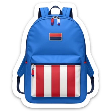 simple blue backpack, at the bottom pocket there is a  logo featuring a Tommy Jeans-inspired logo. The logo looks like a vertically-flag in one red, one white. The flag stripes are vertical, not horizontal. Flat

 sticker