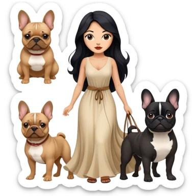 latin woman in a dress with long black hair standing alongside two French bulldogs  sticker