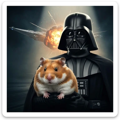 Extreme Closeup Photo of a darth vader holding big hamster, low key light, explosion startship background with leading lines, back light, spot light sticker