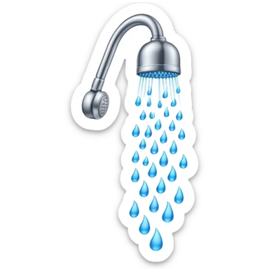 "A clean emoji icon of a silver shower head running with blue water falling downward in streams and steam wisps rising, minimal flat design, bright and refreshing colors, transparent background" sticker