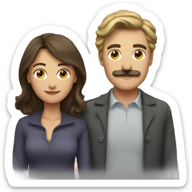 A male couple with dark blond hair and mustache and a medium-haired brunette woman sticker