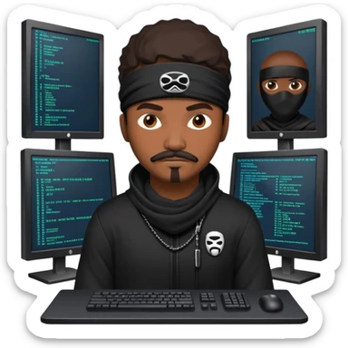 african-american web developer mustache mercenary black asymmetrical ninja hacker terminal command center sticker