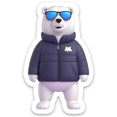 polar bear wearing a white puffer jacket and sunglasses sticker