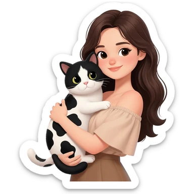 A young woman with long dark brown hair, wearing a nude off-shoulder top, hugging a black and white cow-patterned cat, 3D emoji style, white background. sticker