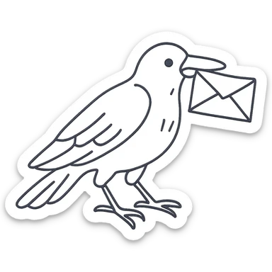 hand drawn outlined icon of a raven with a letter sticker