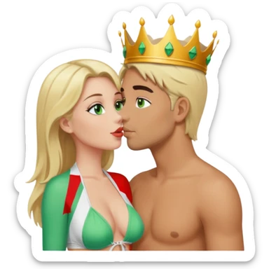 Blonde Queen Green eyes with crown in Bikini kissing Male subject dark Hair sticker