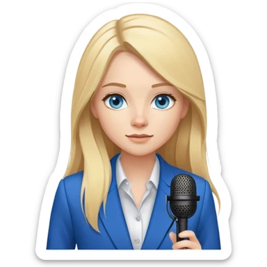 A young woman with long blonde hair and blue eyes, wearing a blazer, recording a podcast with a microphone sticker