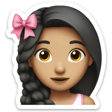 A girl with long dark hair with a pink bow sticker
