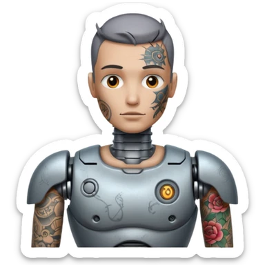 gray Tatooed robot, big many tatooes on chest, neck and face sticker