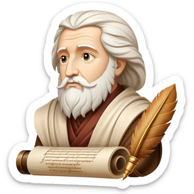 An icon featuring an ancient scroll, a quill pen, and a philosopher’s bust, symbolizing philosophy. The design includes a thinking symbol, and abstract thought patterns, representing deep reflection and the study of existence. Transparent background highlights intellectual exploration. sticker
