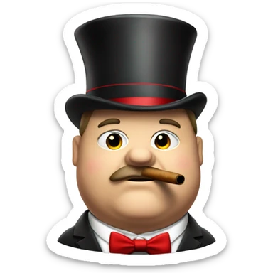 Really fat man smoking a cigar, wearing a tophat and fancy suit with red bowtie sticker