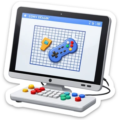 Icon for Game Design Development: a computer screen displaying a game interface, pixel art, 3D models, a game controller, and tools like a grid, stylus, and wireframe. Сonvey the process of game development, with elements representing design, coding, and interaction. Transparent background. sticker