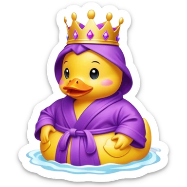 Yellow rubber Duckie with pink crown and purple beak and a purple bath robe sticker