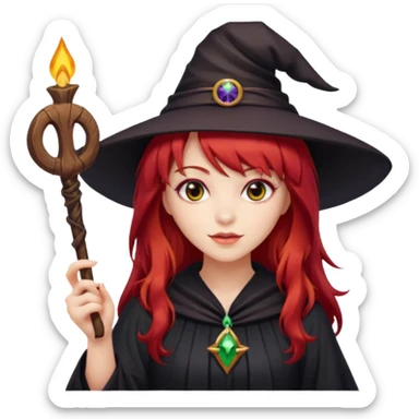 a witchy girl with long red hair and bangs holding a lucky sign sticker