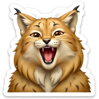 Cinematic-detailed-Yawning-Lynx-Portrait-Emoji – Head tilted slightly with a dramatic, wide-open yawn, revealing a sleek golden-brown fur coat with subtle spots, signature black ear tufts standing tall, round amber eyes barely open in drowsy contentment zoomed out to show the shoulders sticker