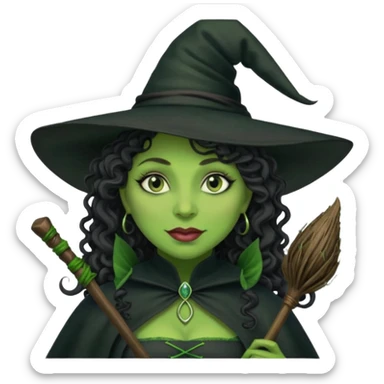 elphaba the wicked witch from wicked movie (cynthia erivo) dark long curly hair, thick lips, green skins, witch hat, witch broom, evil, wicked musical film  sticker