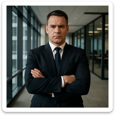 a dominant man in a business setting, confident posture, wearing a suit and tie, modern office background, professional and powerful atmosphere sticker