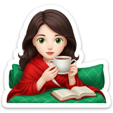 Long wavy dark brown haired, white skinned, dark green eyed girl wrapped in a red and white blanket, sipping tea and reading a book sticker