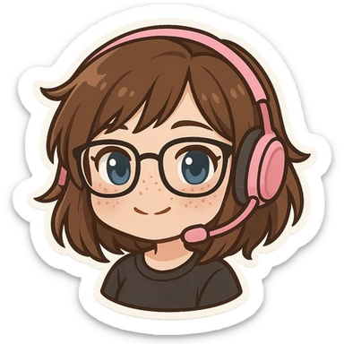 chibi woman with shoulder length choppy brown hair, pink gaming headset, freckles, glasses, and blue eyes sticker