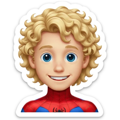 a blonde boy with curly long hair, blue eyes, big smile, spiderman costume sticker