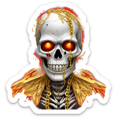 White skeleton zombie person covered in golden chains and black graffiti scribbles and red and silver doodles wings made of neon lightning snowing snowflakes sticker