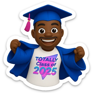 Create a cool emoji based on the person in the reference photo, capturing his features and graduation outfit, with a confident and fun expression. Make the pose dynamic and celebratory. Use a 3D cartoon style. Keep the background transparent. sticker