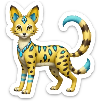 Colorful Yellow Meloetta-Sergal-Serval-Genet-Pokémon-Digimon-Fakémon-fusion-hybrid-creature with Cyan stripes and blue leopard-spot-markings  sticker