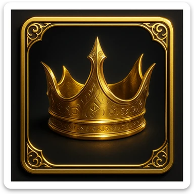 elegant gold crown with sleek curved design, intricate fantasy details, subtle glowing gemstones, encased in a Magic: The Gathering inspired card frame with metallic polish, ornamental corners, arcane motifs, faint glowing frame, dark background, clean iconic look, suitable for competitive Magic/Commander league logo or emoji sticker
