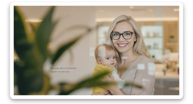 Cinematic still, blurred plants in the foreground (close to the camera), Proffesional advertising of a smiling european white woman with glasses smiling holding baby, minimalistic ophthalmologist interior in background, leading  lines, "rule of thirds", 60/30/10 colors, soft light, warm colors sticker