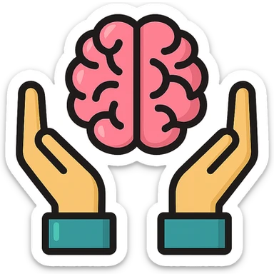 icon emoji of two hands on the sides and a brain in the center, clear outlines, strong shadows and highlights, psychology and psychosomatics theme sticker