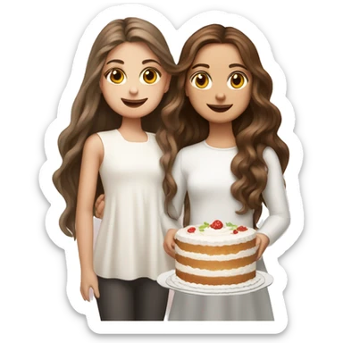 girl with long wavy hair and Russian girl with brown straight hair together holding big white cake sticker