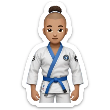 black karate instructor with pony tail afro hair and shaved bald sides haircut, Make the hair brown and the belt blue. Add the roger Gracie academy logo on the go also and the p logo of progress jiu jitsu on the right arm sleeve  at the top sticker