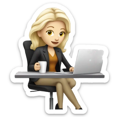 pale skin blonde female designer drinking coffee with her laptop sticker
