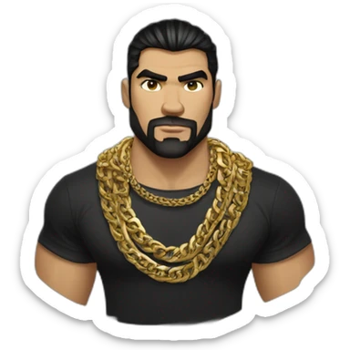 Russian strong man thug wearing gold chain with black hair and short beard, wearing designer fendi tshirt sticker